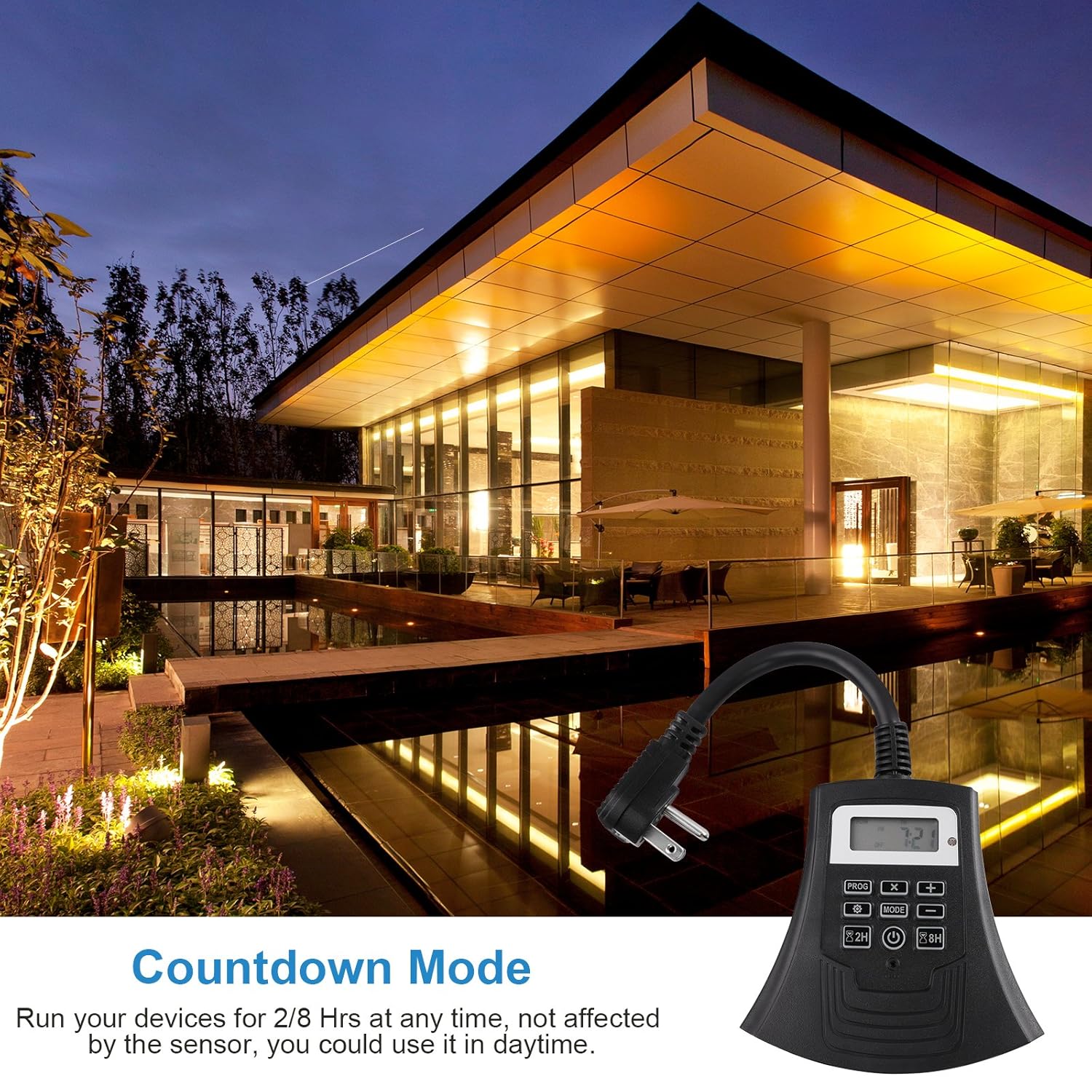 DEWENWILS Digital Outdoor Timer in a garden setting, illustrating the countdown mode for 2 or 8 hours.