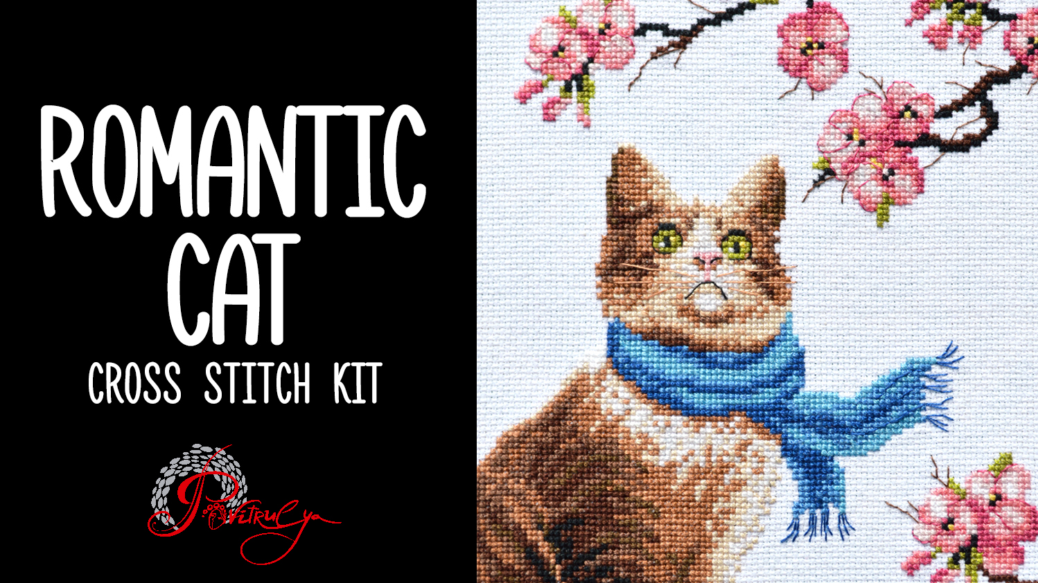 Povitrulya Kreuzstich-Set „Katze Und Sakura“ – Mit Aida-Stoff 16 Count, Vorsortierten Fäden | Tierstickerei Für Erwachsene