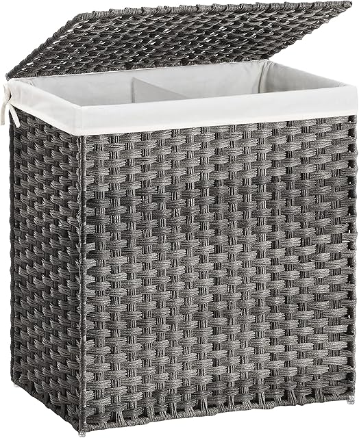 SONGMICS Divided Laundry Hamper, 110L Synthetic Rattan Handwoven Clothes Laundry Basket with Lid and Handles, Foldable, Removable Liner Bag, Grey LCB52WG