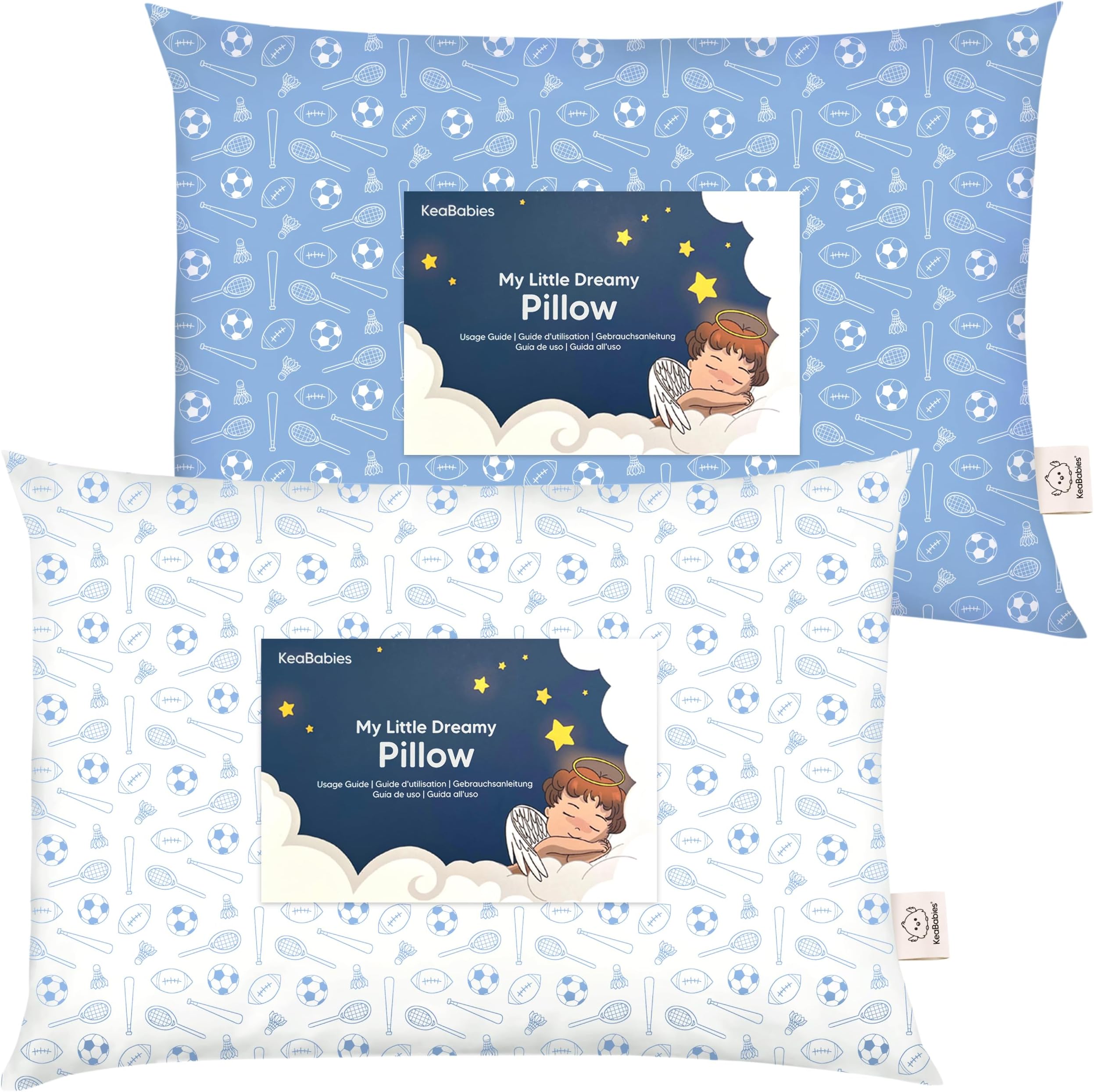 KeaBabies 2-Pack Toddler Pillow 13x18 - Soft Organic Cotton Kids Travel Bed Pillows for Sleeping, School, Nap, Machine Washable, Toddlers 2 to 5, Pillowcase Sold Separately (Sports)