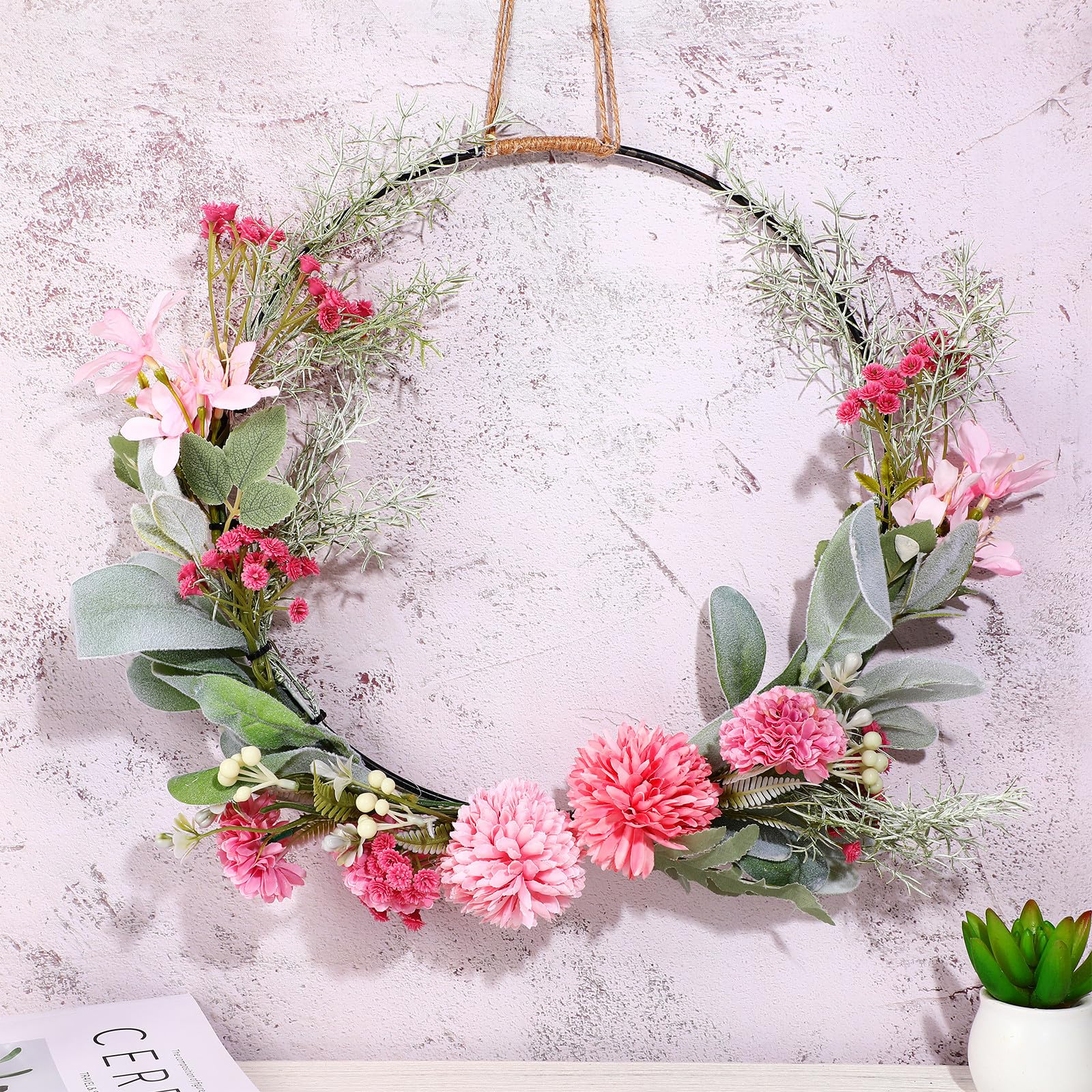 ABOOFAN Metall Türkranz Osterkranz Frühlingskranz Künstliche Blumen Metallring Eukalyptus Kranz Girlande Nelken Blumenkranz Floral Wandkranz Ostern Frühling Haustür Deko