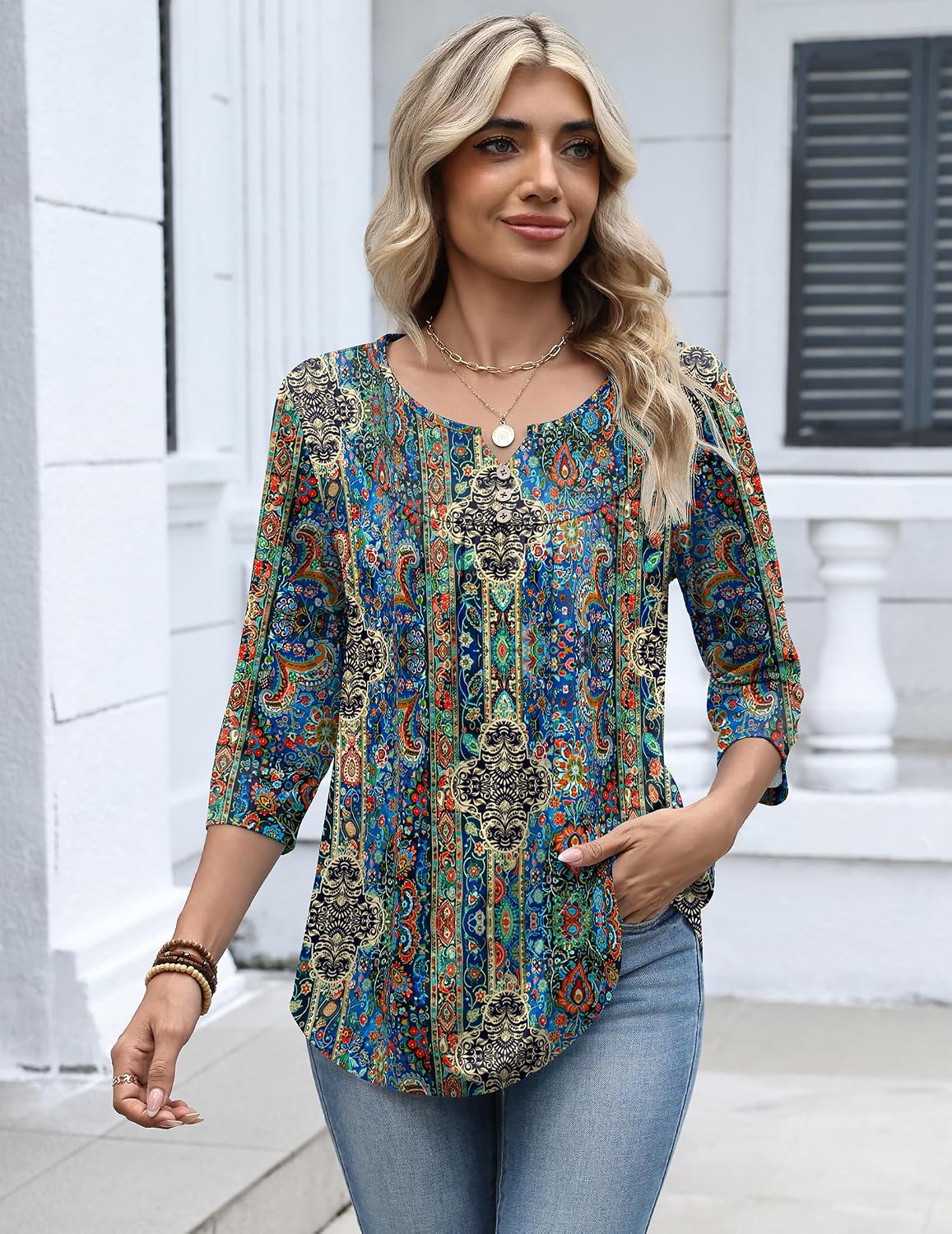 Zeagoo 3/4 Length Sleeve Womens Tops Dressy Casual 2026 V Neck T Shirts Blouses Floral Summer Business Work Basic Tees