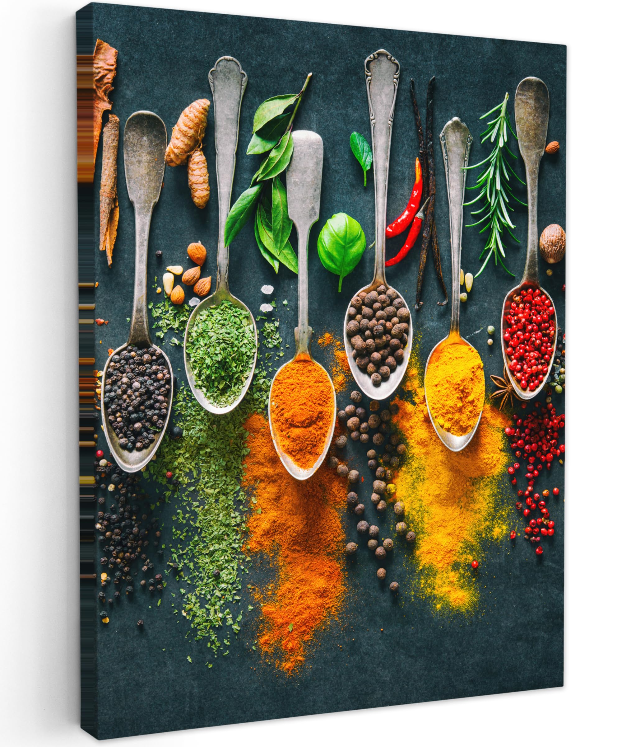 MuchoWow© Canvas Wall Art 24"x31" / 60x80 cm Decor Prints for Living Room Decorative Canvases Hall Artwork Herbs - Spices - Spoons — image 1
