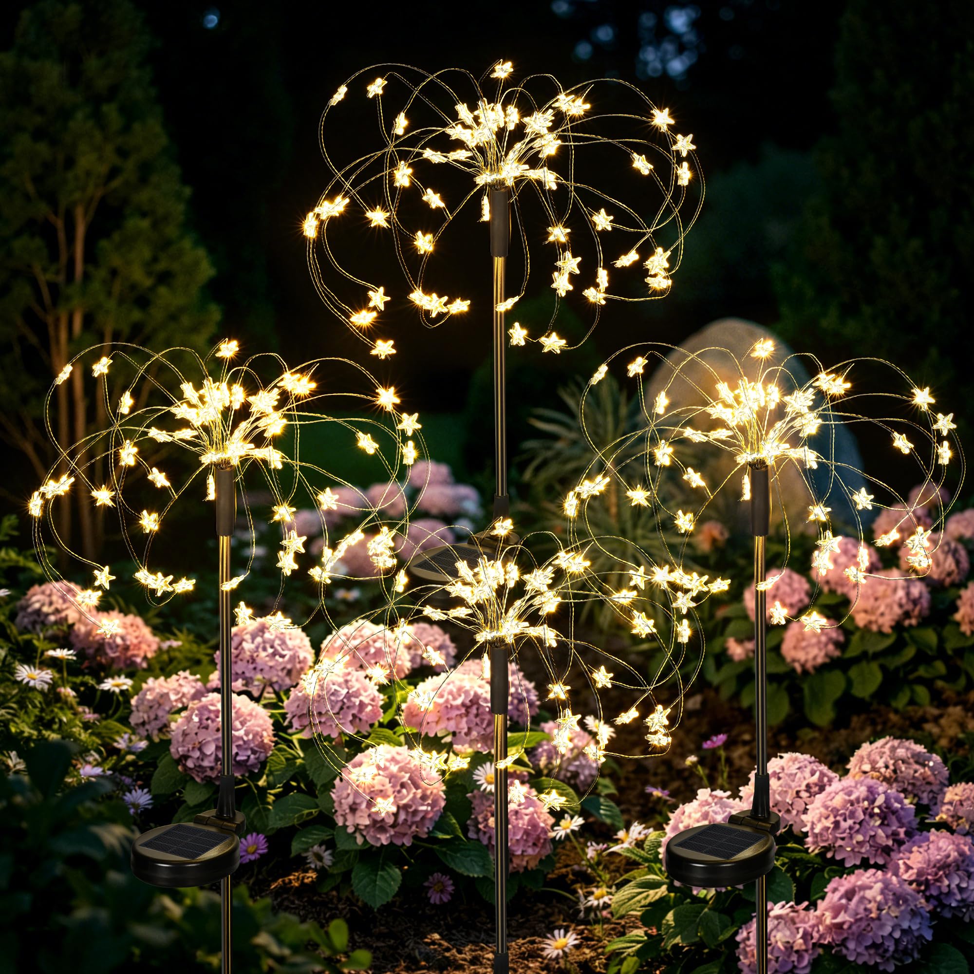 GIGALUMI Solar Lights Outdoor Garden,Star Firework Lights 60 LEDs 4 Packs,Starburst Light for Yard Landscape Lawn Backyard Patio Party Decor(Warm White)