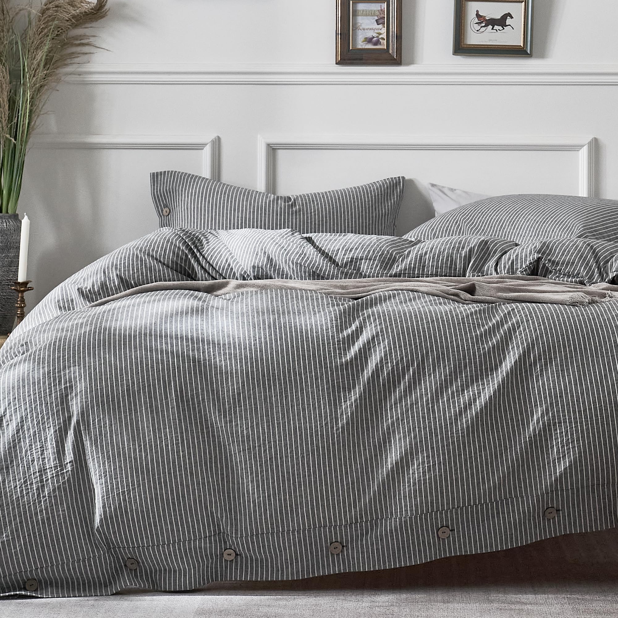 JELLYMONI Cotton Duvet Cover Full Size - Black Vertical Pinstriped Comforter Cover with Button 100% Washed Cotton 3PCS Breathable Soft Solid Bedding
