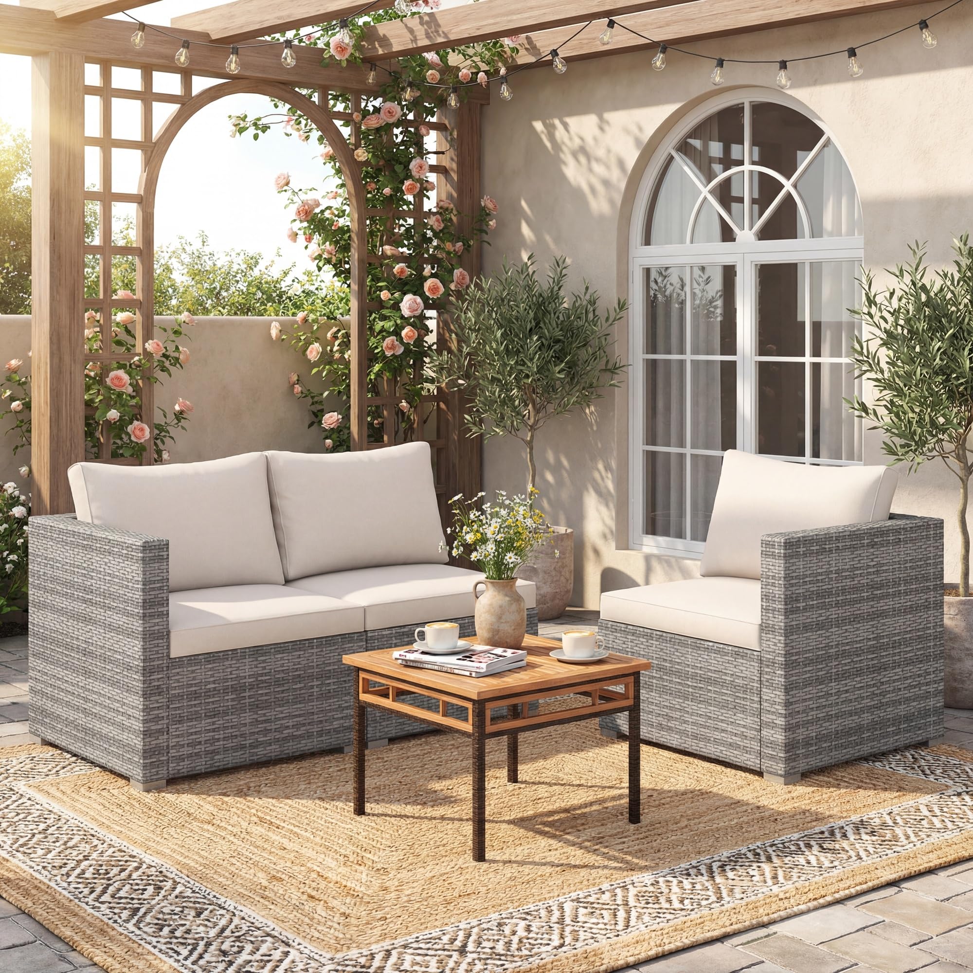 LIFEZEAL Canapé de Jardin 3 Places Rotin PE Charge 540 KG Modulable Beige