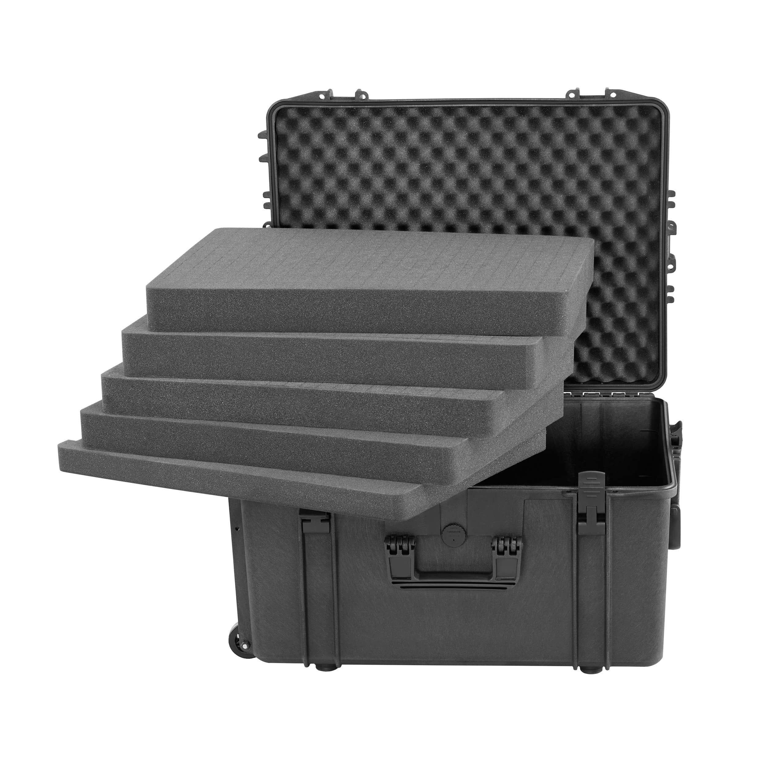 TOMcase Outdoor case with Trolley, 62x46x34 cm, contenitore di trasporto, grande valigia impermeabile con inserto in schiuma cubica, valigetta rigida, custodia per fotocamera (nero)