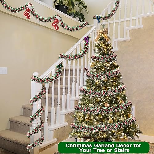 Miniatura 5 de Guirnalda de oropel de Navidad de 50 pies, roja, verde y plateada, metálica, brillante, decoraciones con torsión para árbol de Navidad, repisa,