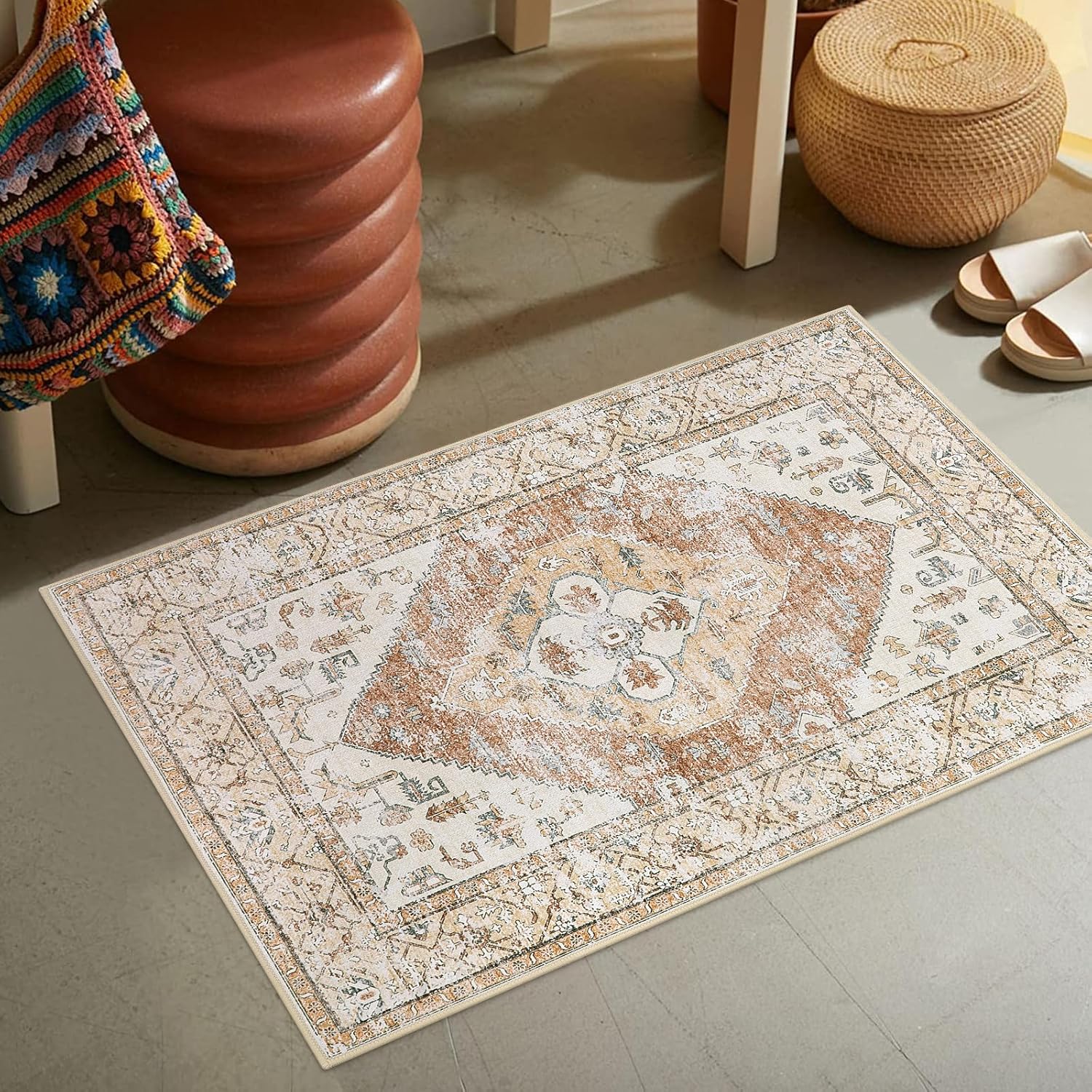 Beeiva Boho Throw 2X3 Entryway Rug, Small Rugs for Bedroom Ultra Thin Non Slip Washable, Small Khaki Carpet Lightweight Indoor Door Mats for Entryway Bedroom
