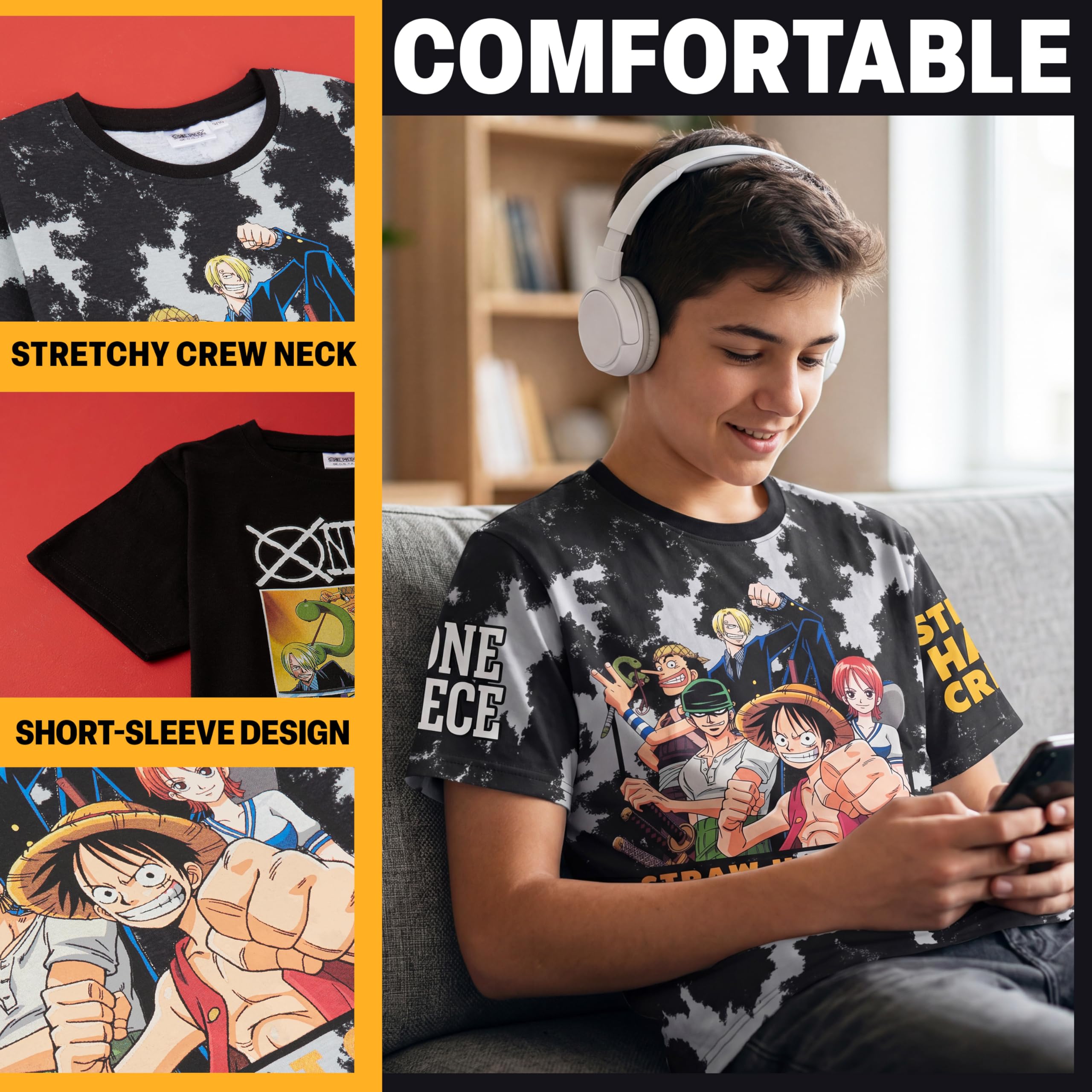 One Piece | Dragon Ball Z T-Shirt Garcon, Lot de 2 Ras du Cou et Manches Courtes Coton T Shirt Ete, Douce et Respirant, Anime Merch Idee Cadeau