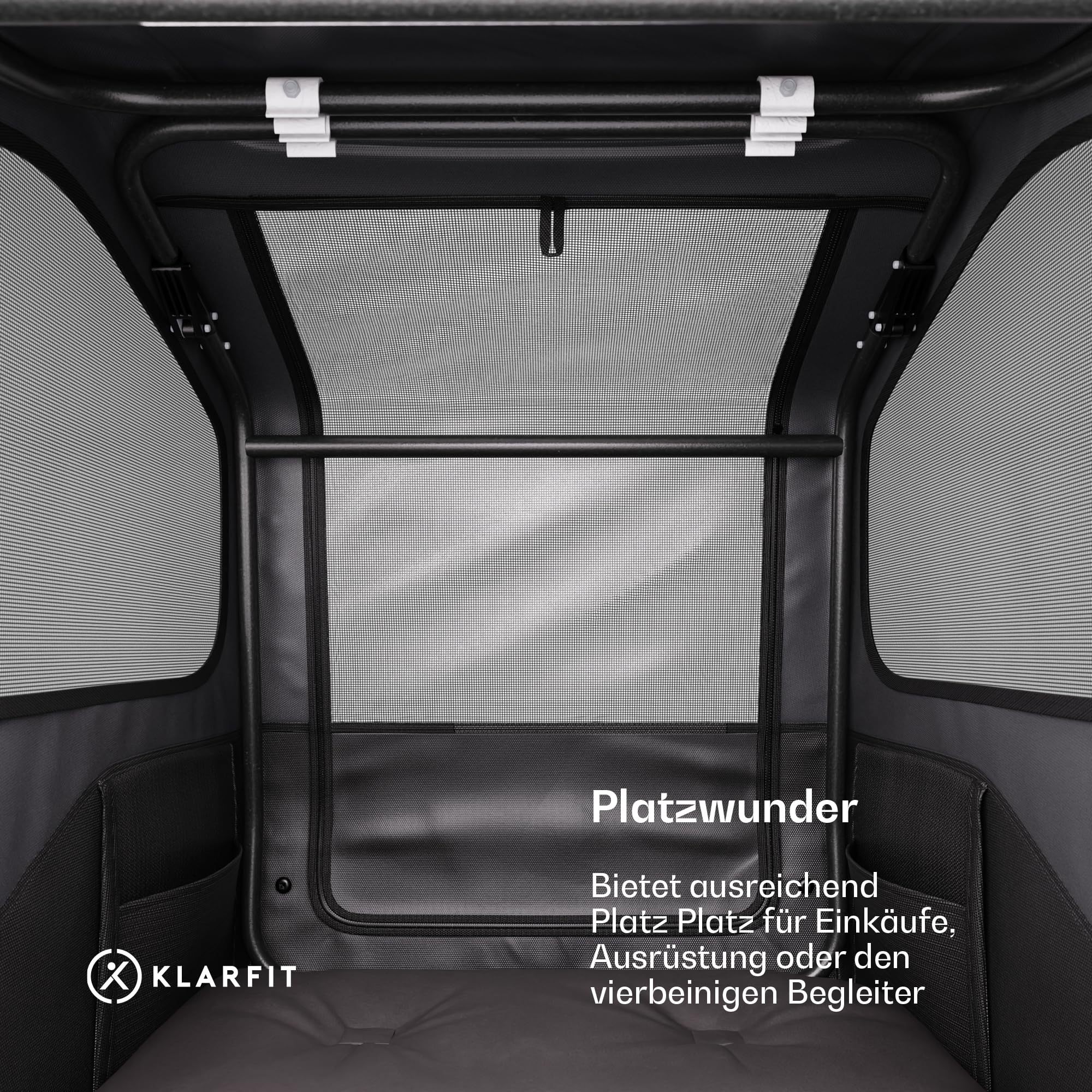 Klarfit Goldie Home Fahrradanhänger für Hunde, 334 L Volumen, Wasserabweisend, Reflektoren & Sicherheitsflagge, 40 kg Tragfähigkeit, Zusammenklappbar, 16-Zoll-Räder, Schwarz