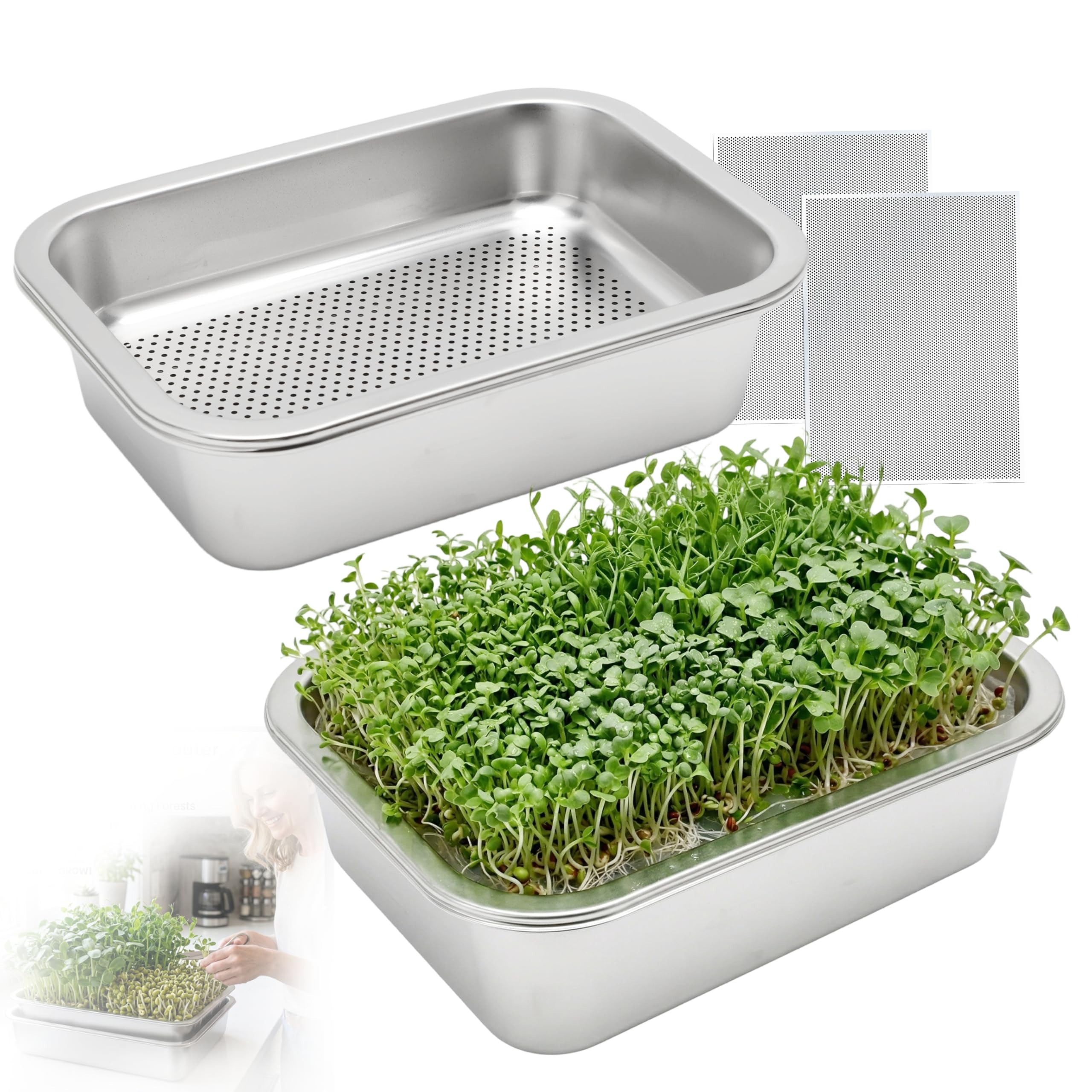 2er Set Sprossen Anzuchtset aus Edelstahl 2 in 1 Keimschalen 26 x 19 cm mit Feinem Edelstahlsieb und Untersetzer für Sprossen Kresse Microgreens Weizengras Wiederverwendbar Rostfrei Spülmaschinenfest