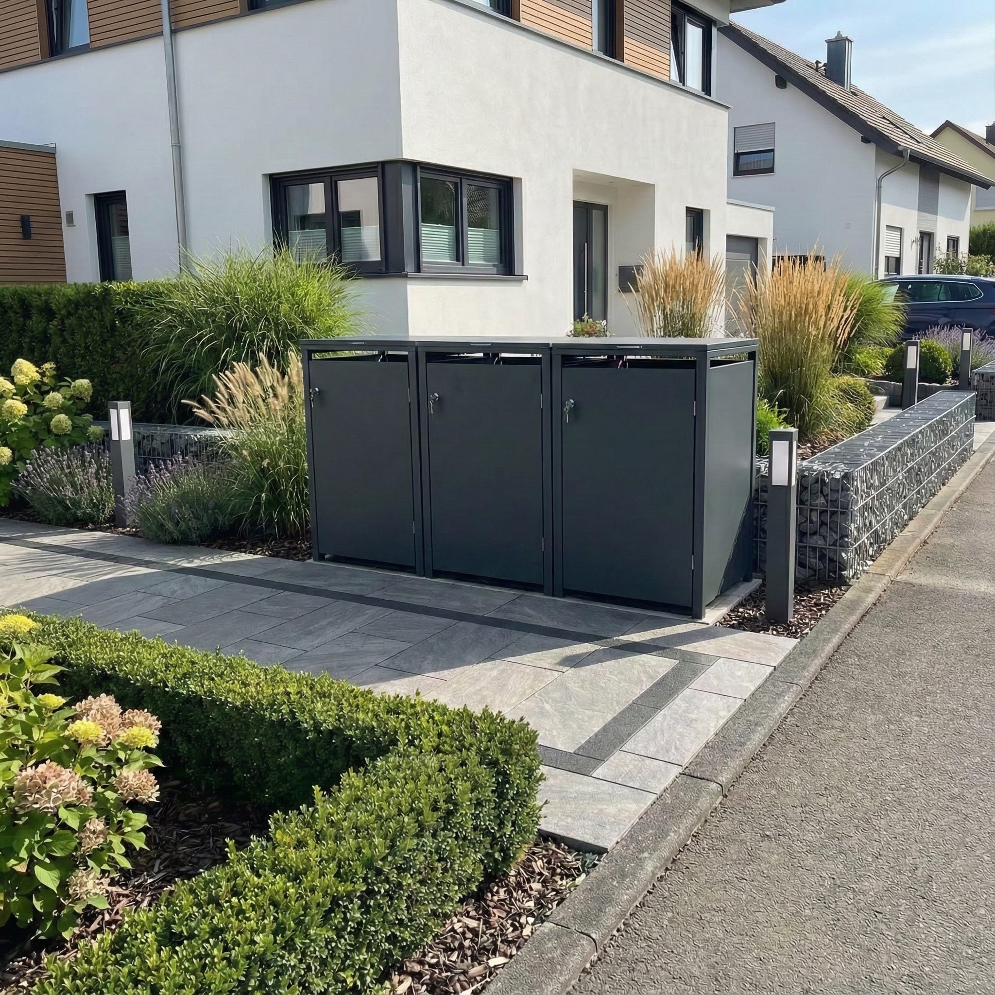 Metzler Mülltonnenbox 3er 240L aus massivem und pulverbeschichtetem Stahl in Anthrazit | Mülltonnenverkleidung für 3 Tonnen | Abfallbehälter Verkleidung | abschließbar | Müllbox | Tonnenhaus