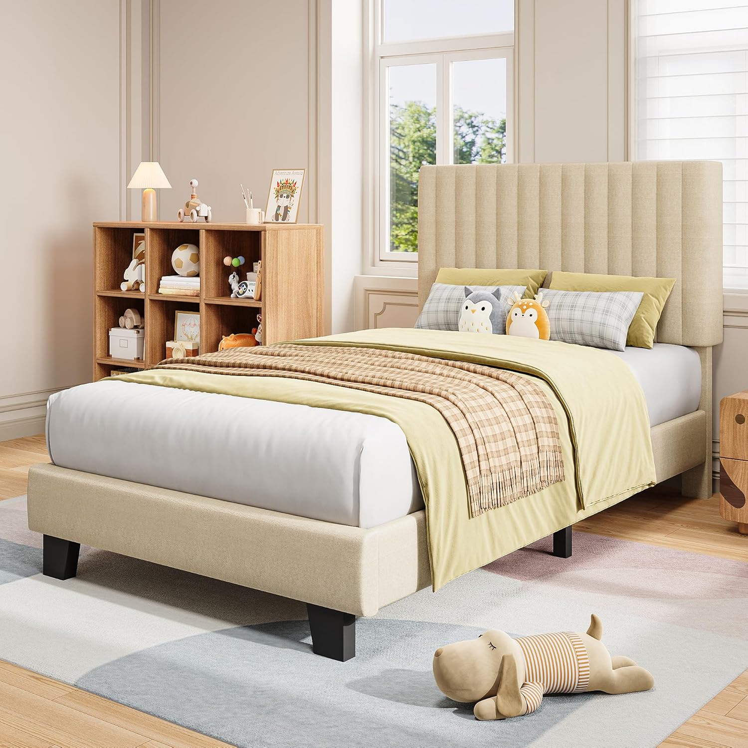 iPormis Twin Size Bed Frame, Upholstered Platform Bed with Vertical Linen Headboard, Wide Bed Legs and Strong Wood Slats Support, No Box Spring Needed, Easy Assembly, Beige