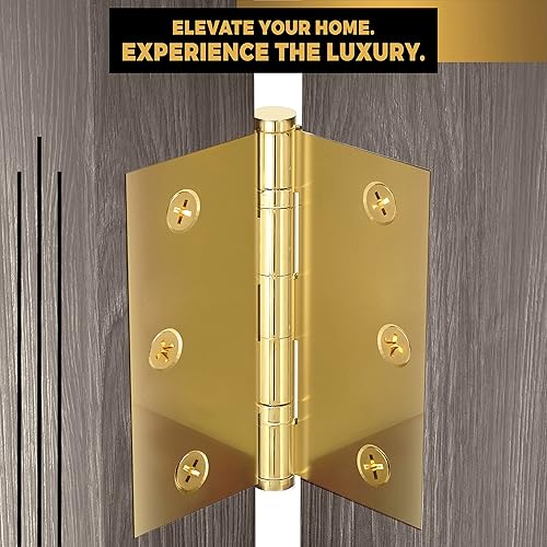 Miniatura 6 de Bisagra de puerta de latón macizo, rodamiento de bolas, oro brillante pulido de 3.5 x 3.5 pulgadas, con puntas decorativas de rosca incluidas, juego
