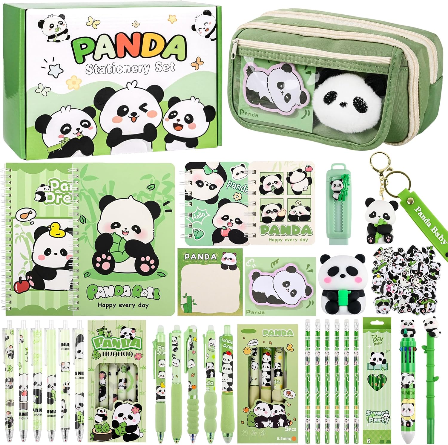 Ulema 78Pcs Cute Stationery Set Cartoon Panda Birthday Gifts for Boys Girls Back to School and Classroom Rewards Office Supplies with Panda BallPoint Pen, Pencils, Erasers, Sticky Notes etc.