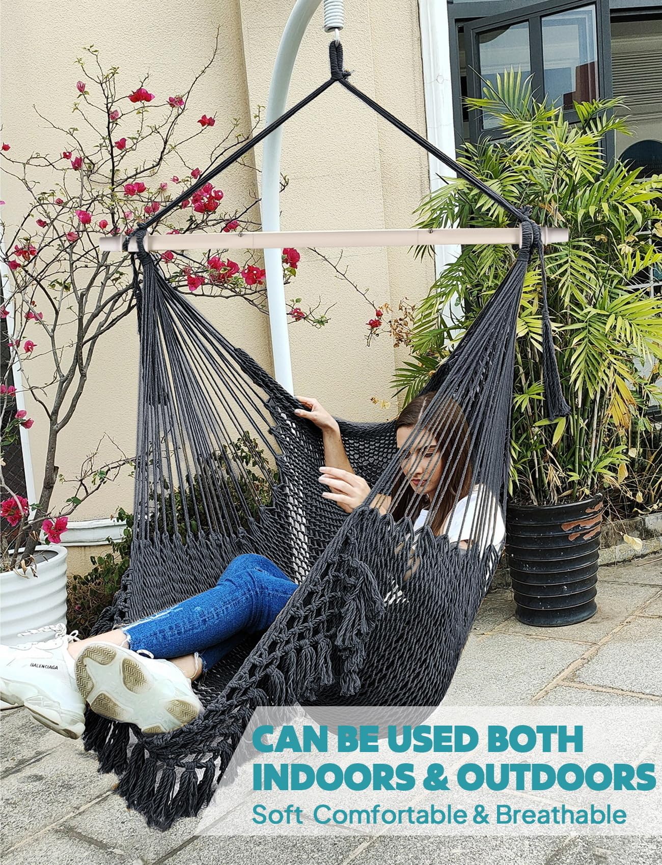 Chihee Hängesessel handgefertigter Hängesessel aus Baumwollseil gewebter Sitz weich gesponnen große Dehnbare Hängematte, zusammenklappbar stabile Metallspreizstange, Elegante Tassel drinnen draußen