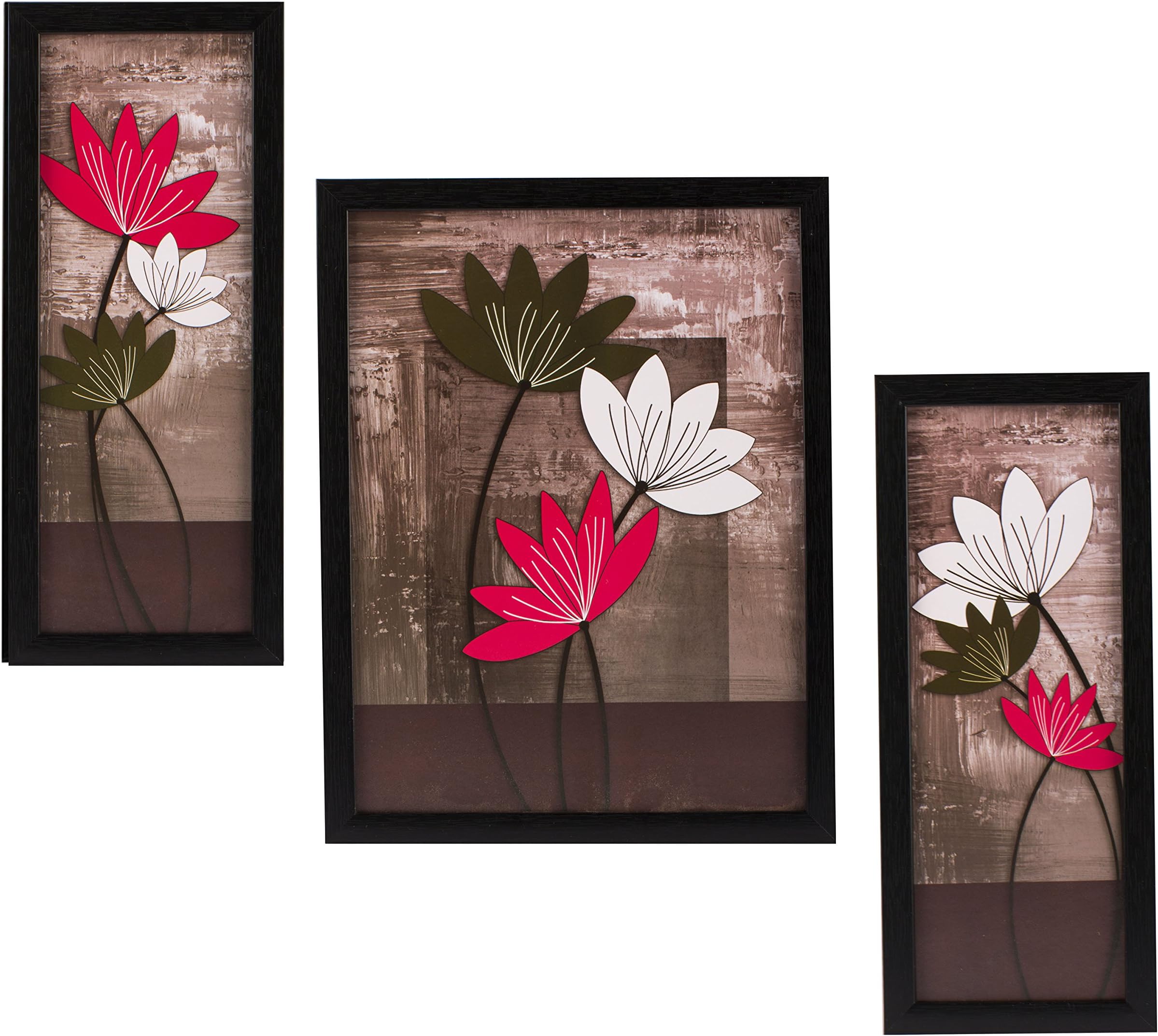 Indianara 3 Pc Set Of Floral Paintings Without Glass 5.2 X 12.5, 9.5 X 12.5, 5.2 X 12.5 Inch