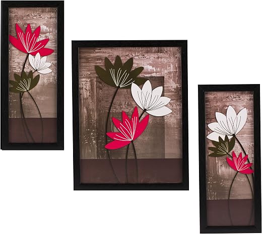 Indianara 3 Pc Set Of Floral Paintings Without Glass 5.2 X 12.5, 9.5 X 12.5, 5.2 X 12.5 Inch