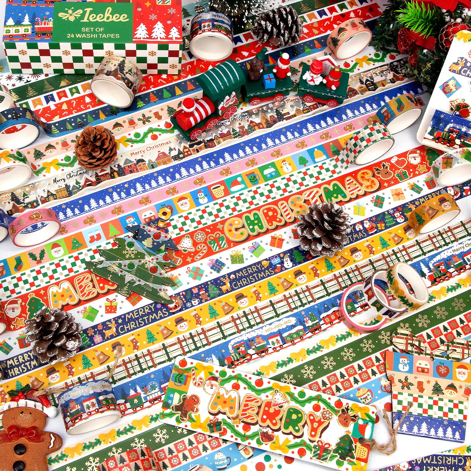 Ieebee Washi zestaw 24 rolek złotej dekoracyjnej taśmy bożonarodzeniowej Washi do scrapbookingu, do dekoracji pamiętnika, do pakowania prezentów, rękodzieła