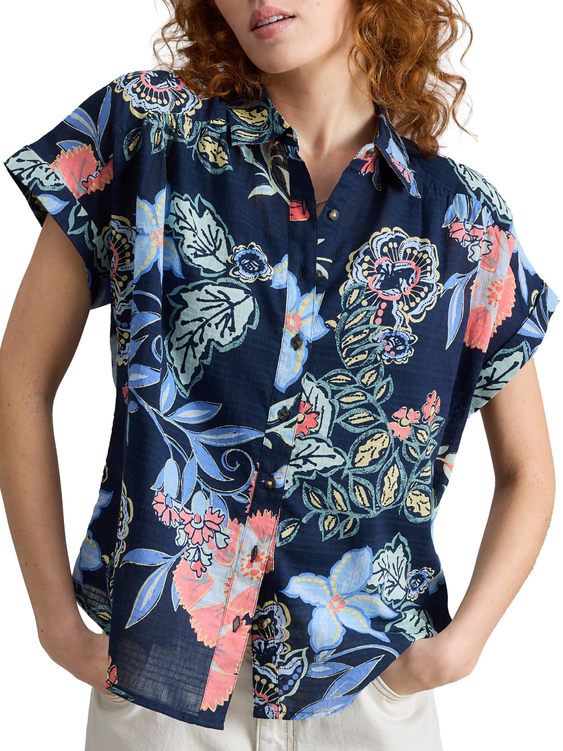 White Stuff Women's Navy Multi Orla Button-Down Short Sleeve Shirt - Elegant Short Sleeve Shirt With Collar - Size 10