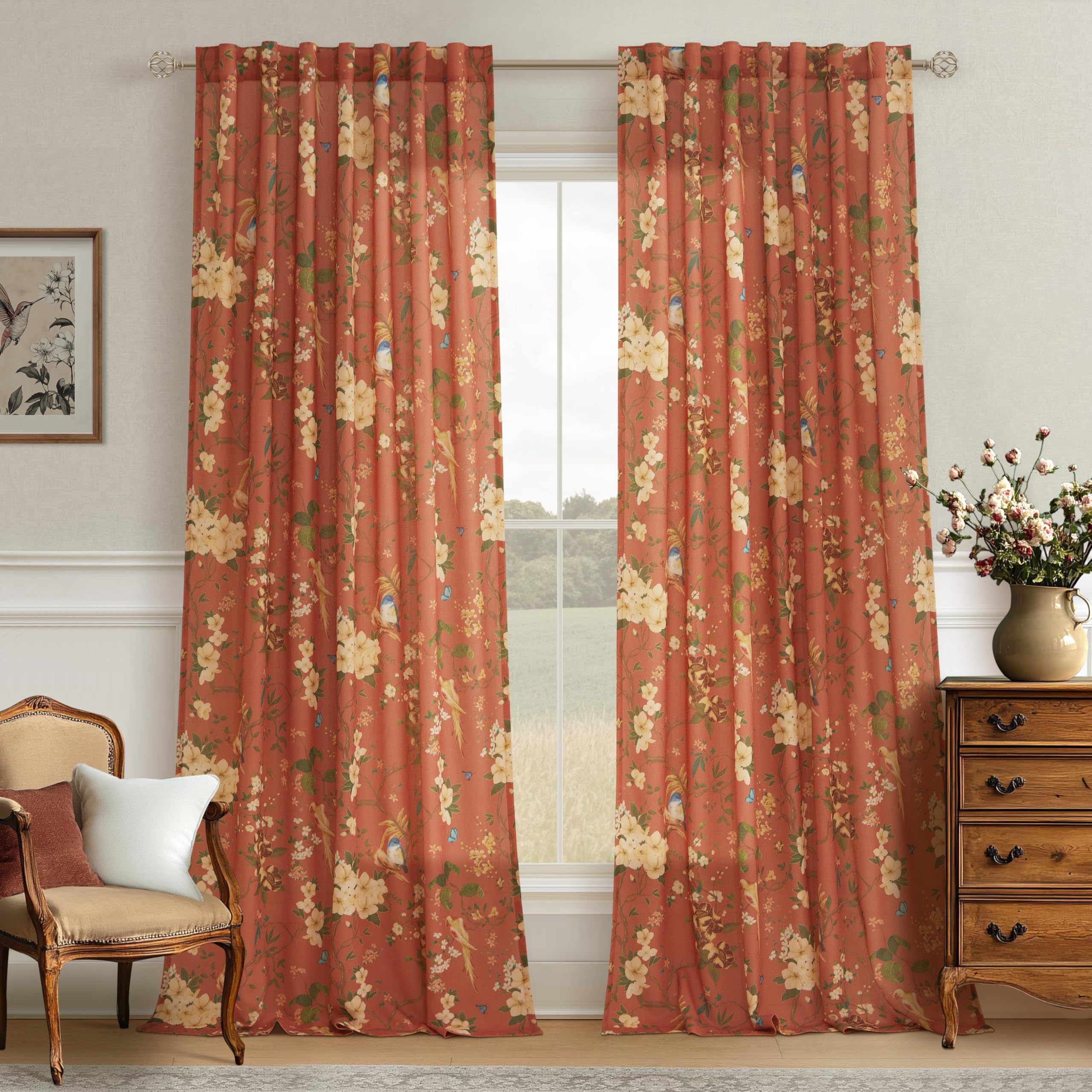 Floral Linen Curtains for Living Room Burnt Orange Sheer 96 Inches Long | 2 Panels,Vintage,Terracotta,Semi Sheer,Back Tab,Bird Flower Patterned,Light Filtering,Privacy Drapes,for Bedroom Dining Room