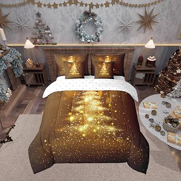Golden Christmas Tree Comforter Set King Size 7 Pcs Golden Snowflakes Bedding Set with Comforter,Sheet Set,Pillowcase and Sham Geometric Creativity Bed Set Xmas Theme Bedding for Room Decorative