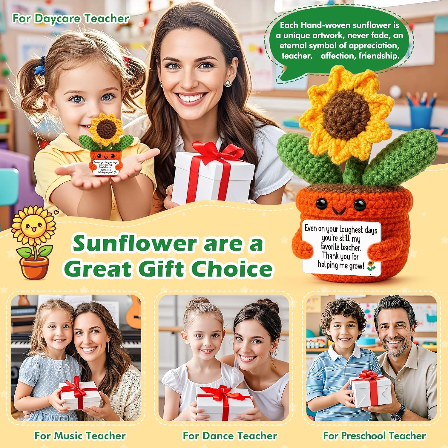 Thank You for Helping Me Grow, Handmade Sunflower Crochet, Teacher Appreciation Gift, End Of Year, Last Day of School Gift for Teacher from Student, Boss Mentor Professor Daycare Graduation