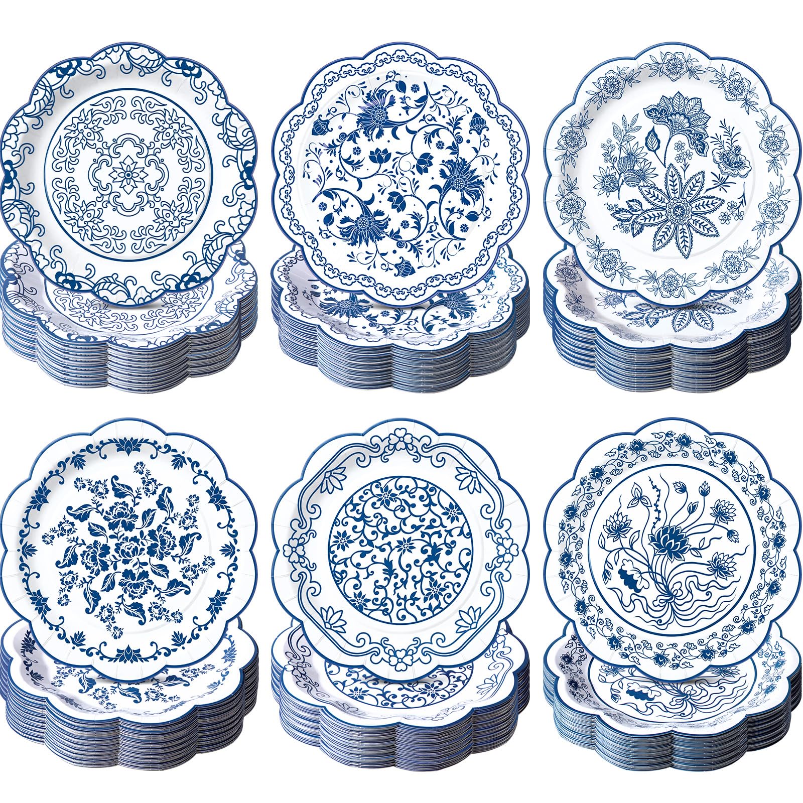 Funnymoom 60 Pcs 7 Inch Blue Floral Plate Blue White Chinoiserie Scalloped Paper Plate for Dessert Porcelain Disposable Party Decor Tableware, Vintage Birthday Wedding Bridal Shower Tea Party Supplies