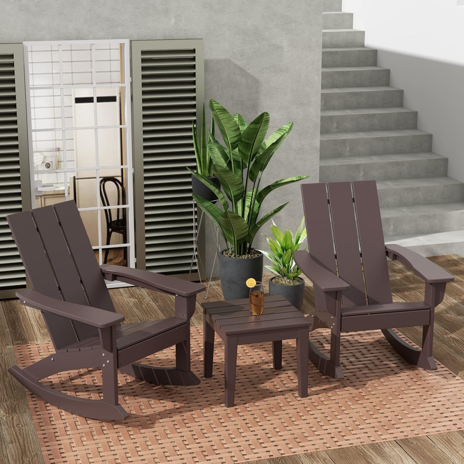 WestinTrends Ashore 2 Piece Patio Rocking Chair Set, All Weather Poly Lumber Adirondack Rocker Deck Porch Patio Chair with Large Side Table, Dark Brown