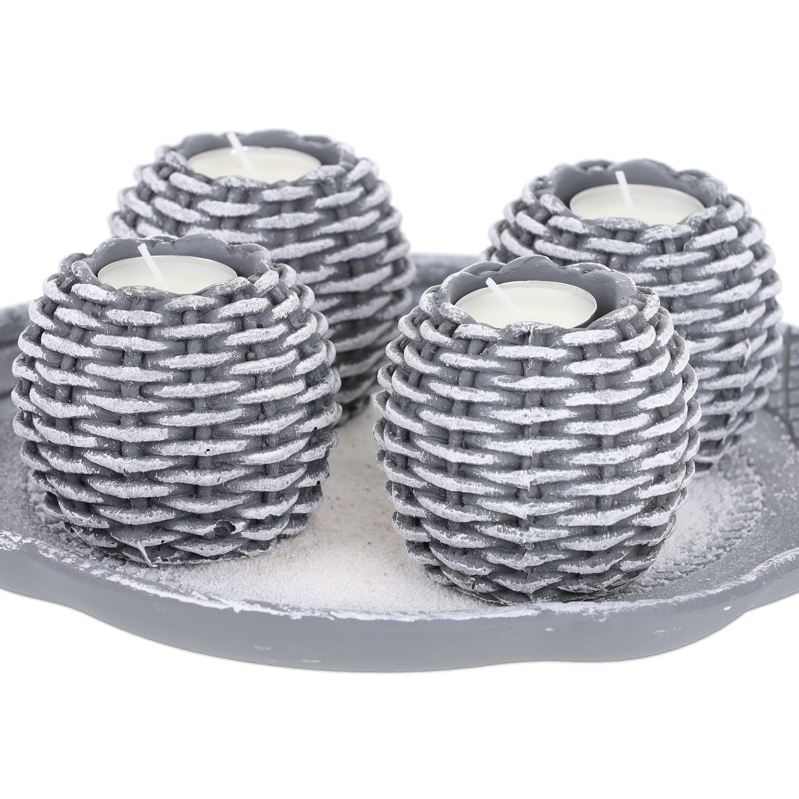Relaxdays Portacandele Decorativo con Vassoio, 4 Porta-Tea Light e Sabbia, per Il Tavolino e Il Salotto, Grigio Bianco, Fibra di Legno, 8 x 27,5 cm