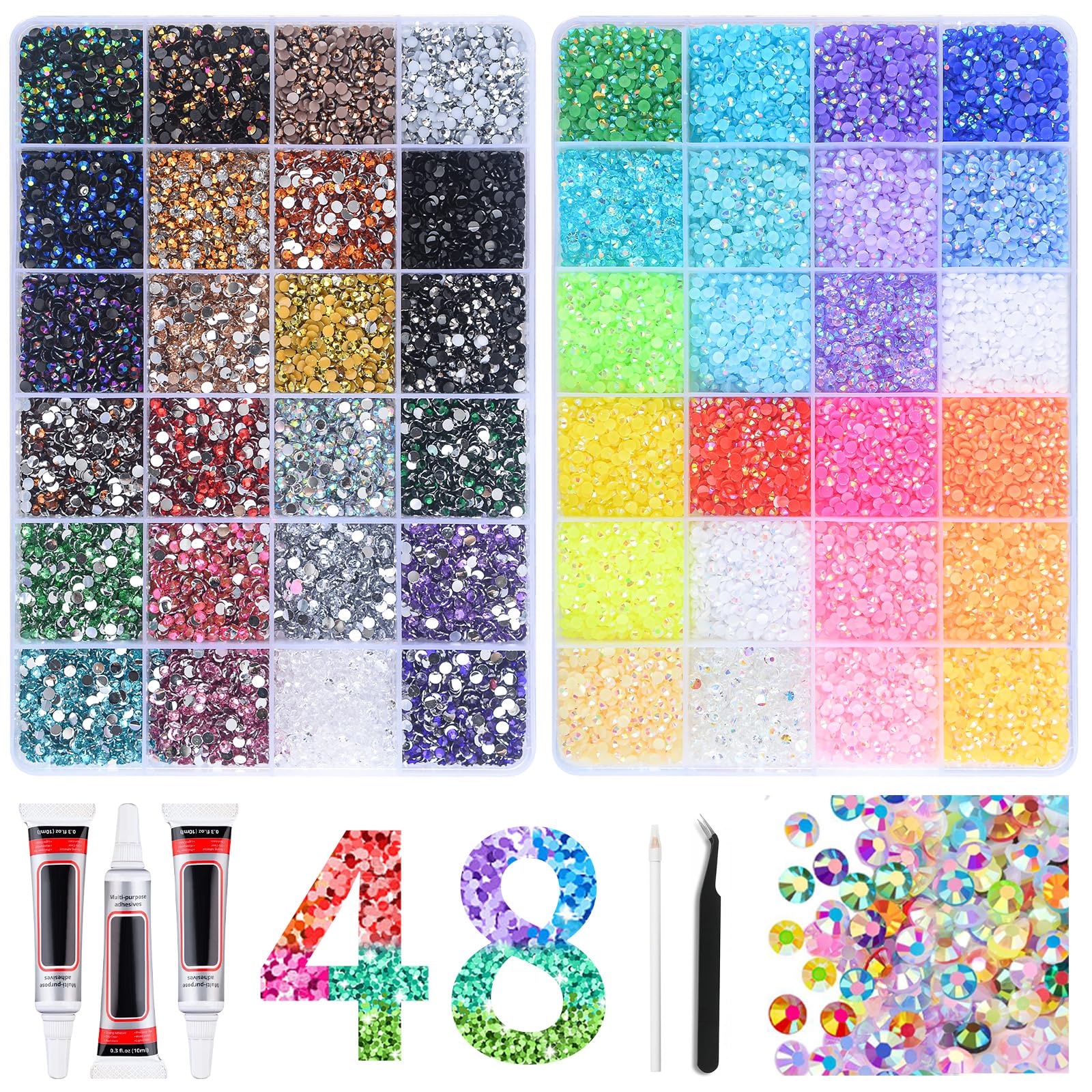 48 couleurs Bedazzling Kit, 48000 Strass en Résine, 3 mm Strass Ronds en rRésine à Dos Plat Avec Pincette et Stylo Pointeur Stras, Kit Strass Colorés pour Travaux Manuels, Tissu, Nail Art