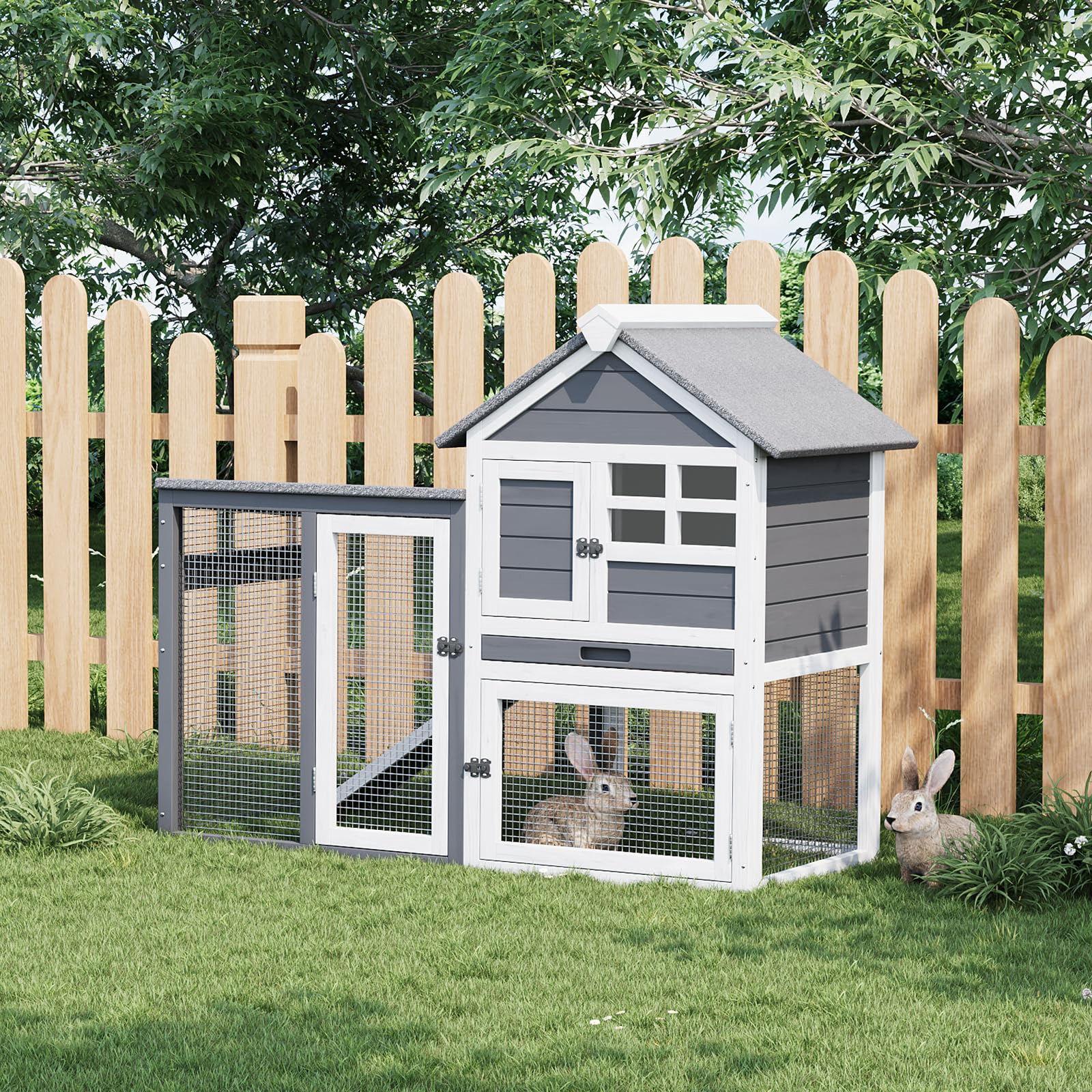 GarveeLife Jaula de Madera de 2 Niveles para Conejos, gallinas y cobayas – Uso Interior/Exterior – Techo Impermeable, Bandeja extraíble, rampa Antideslizante, 4 Puertas – Gallinero y casa para