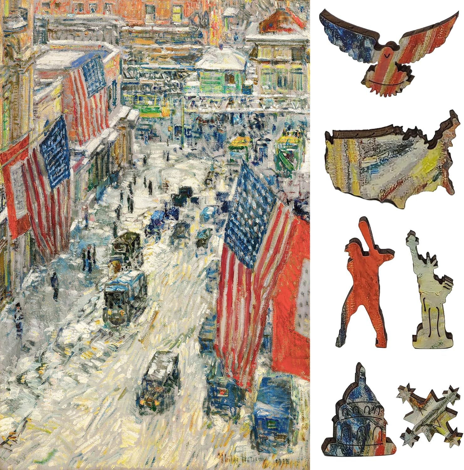 Wooden Jigsaw Puzzle for Adults - Uniquely Shaped Pieces - Made in The USA by FoxSmartBox - 215 Pieces - Flags on 57th Street, Winter