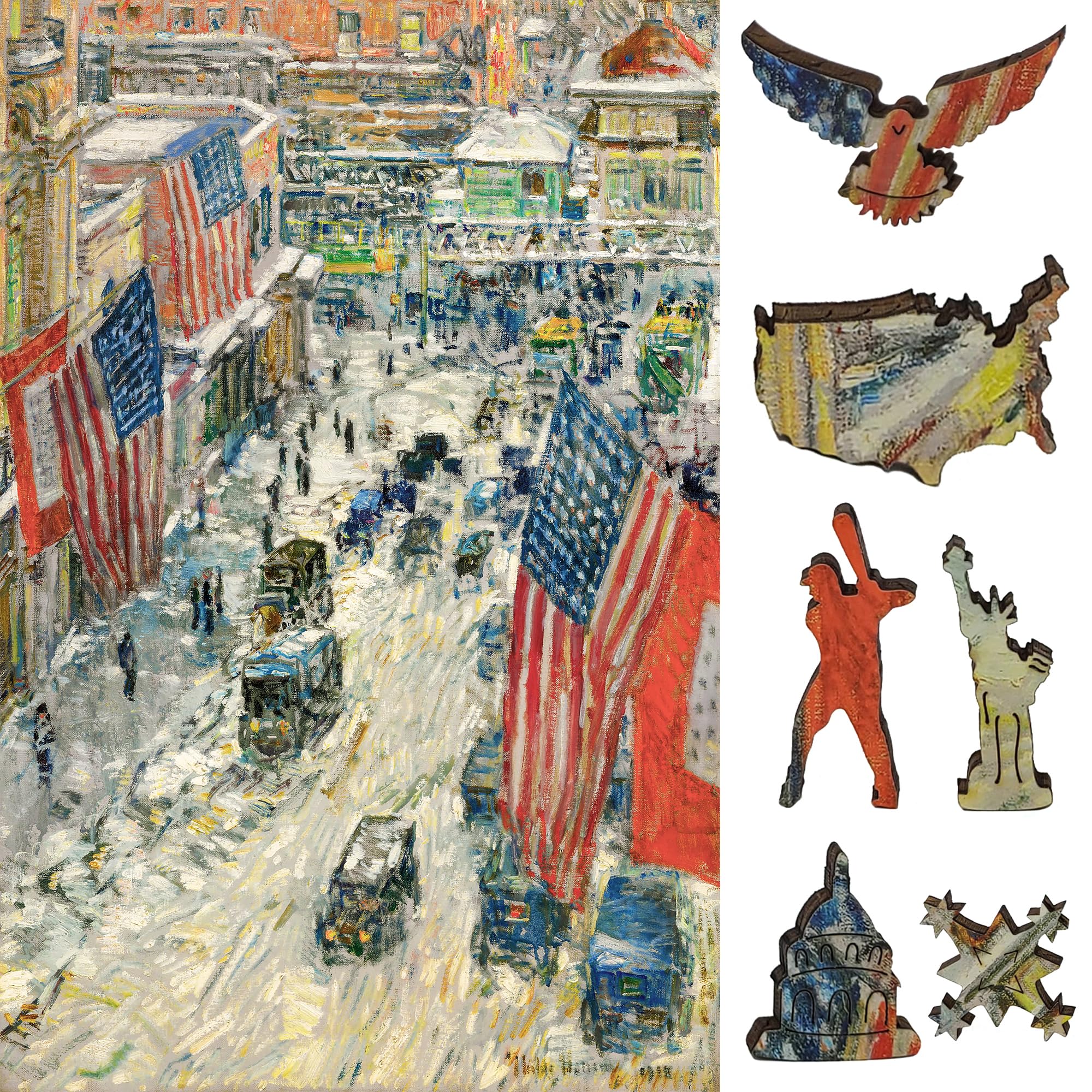 Wooden Jigsaw Puzzle for Adults - Uniquely Shaped Pieces - Made in The USA by FoxSmartBox - 215 Pieces - Flags on 57th Street, Winter