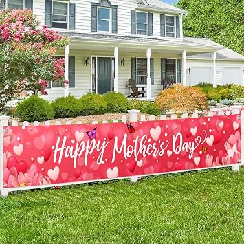 Large Happy Mothers Day Banner Decorations Mothers Day Yard Sign Holiday Hanging Decor 120x20 Inch Love Hearts Flowers Banner Party Supplies for Indoor Outdoor Garden Fence Balcony Welcome Home Decor