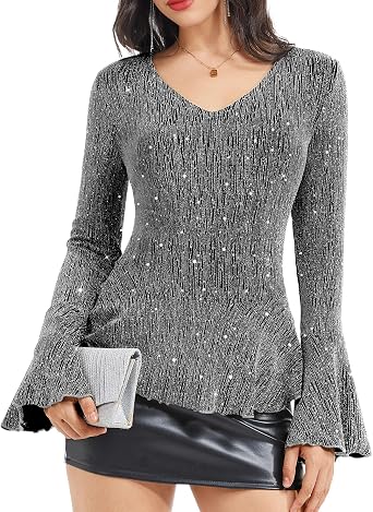 Sparkly Tops for Women Long Sleeve V Neck Ruffle Hem Sequin Shirts Glitter Blouses Evening Party Night
