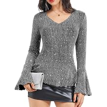 Sparkly Tops for Women Long Sleeve V Neck Ruffle Hem Sequin Shirts Glitter Blouses Evening Party Night