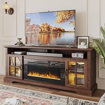 70" TV Stand with Electric Fireplace, Espresso Brown Entertainment Center for TVs Up to 80 Inches, Modern Media Console with Storage Cabinets, Farmhouse Style TV Stand for Living Room