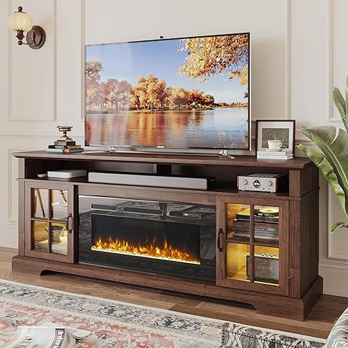 70" TV Stand with Electric Fireplace, Espresso Brown Entertainment Center for TVs Up to 80 Inches, Modern Media Console with Storage Cabinets, Farmhouse Style TV Stand for Living Room