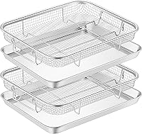 Vista 8 de TeamFar Cesta para freidora de aire para horno, juego de 2 cestas y bandeja de freidora de aire de acero inoxidable, 16 x 12 pulgadas y 12.5 x 9.6
