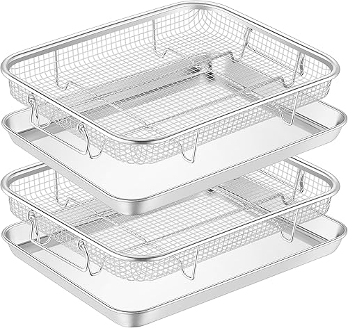 Miniatura 8 de TeamFar Cesta para freidora de aire para horno, juego de 2 cestas y bandeja de freidora de aire de acero inoxidable, 16 x 12 pulgadas y 12.5 x 9.6