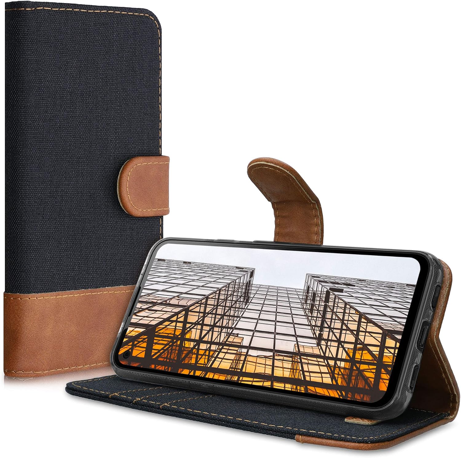 kwmobile Wallet Case Compatible with Google Pixel 4a - Case Fabric and Faux Leather Phone Flip Cover - Black/Brown