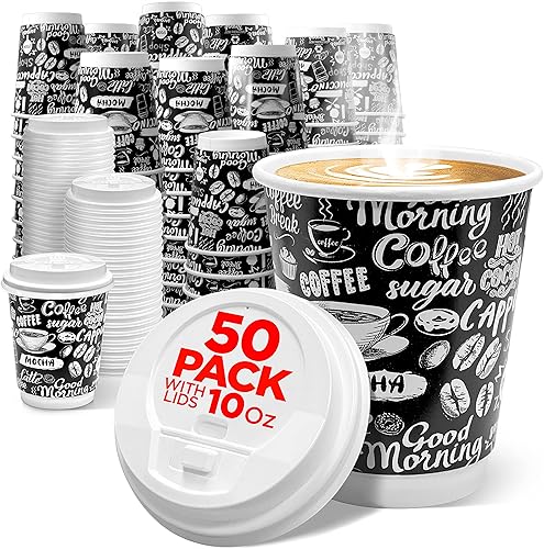 Shop Square Tazas de café caliente desechables de 10 onzas con tapas (paquete de 50), papel aislado resistente para bebidas calientes, tazas de café