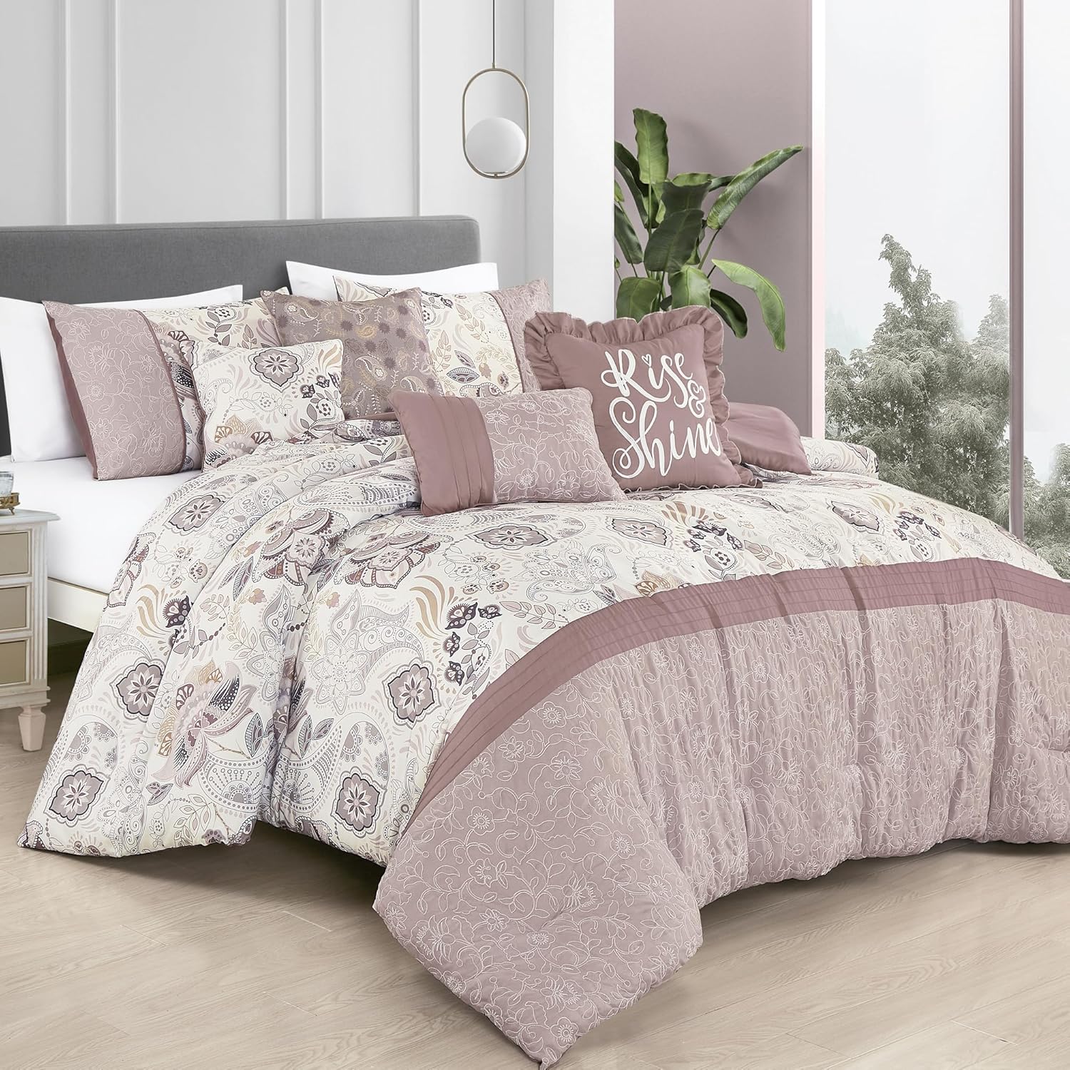 JCrown Luxury 7-Piece Paisley & Floral Comforter Set, Printed and Embroidered Mauve Design, Soft Microfiber Bedding with Decorative Pillows, Oeko-TEX Certified (Rochelle, King)