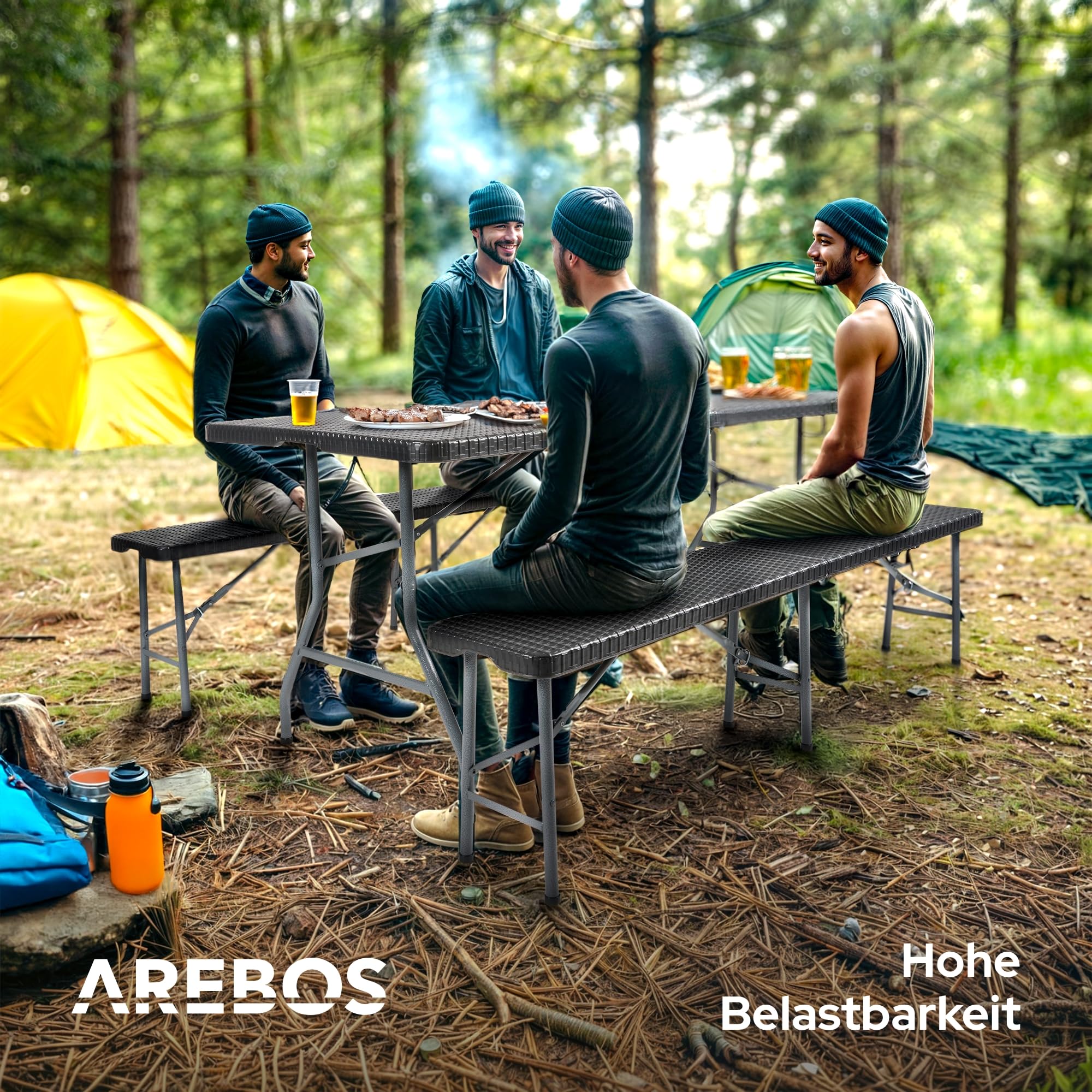 Arebos Bierzeltgarnitur 3-teilig Set Tisch + 2 x Bank | Festzeltgarnitur für drinnen - draußen | Biertisch Set | Zusammenklappbar & mit Tragegriff Campingtisch