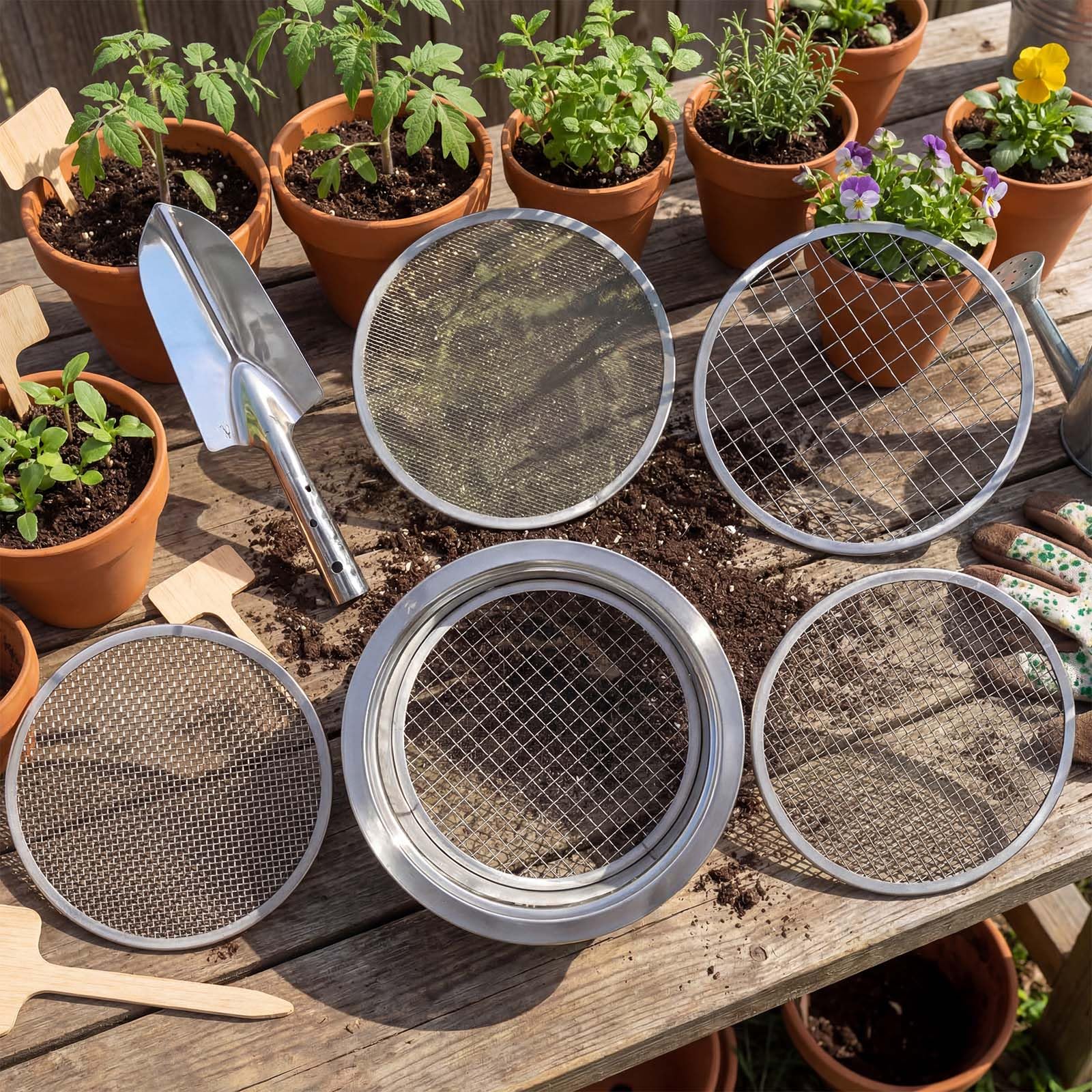5 en 1 Tamis Jardinage Tamis Sable en Acier Inoxydable Ø 1, 3, 6, 9, 12 mm Tamis de Terre avec 1 Pelle à Main pour Terre, Pierres, Compost, Mauvaises Herbes, Sable, Gravier, Graines