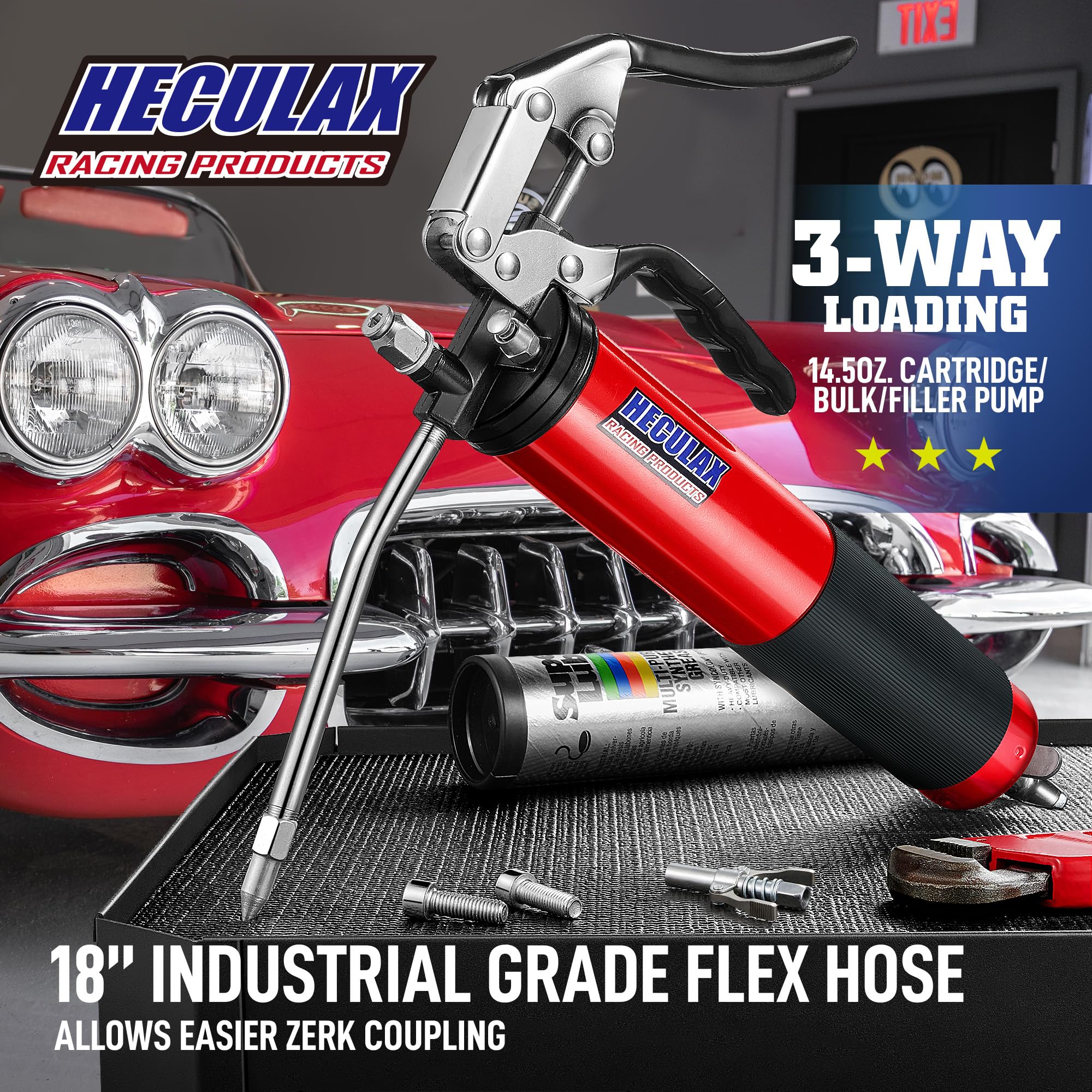 Bravex Pistolet à graisse professionnel robuste 6000 PSI avec coupleur à dégagement rapide – Tuyau flexible de 45,7 cm Rouge