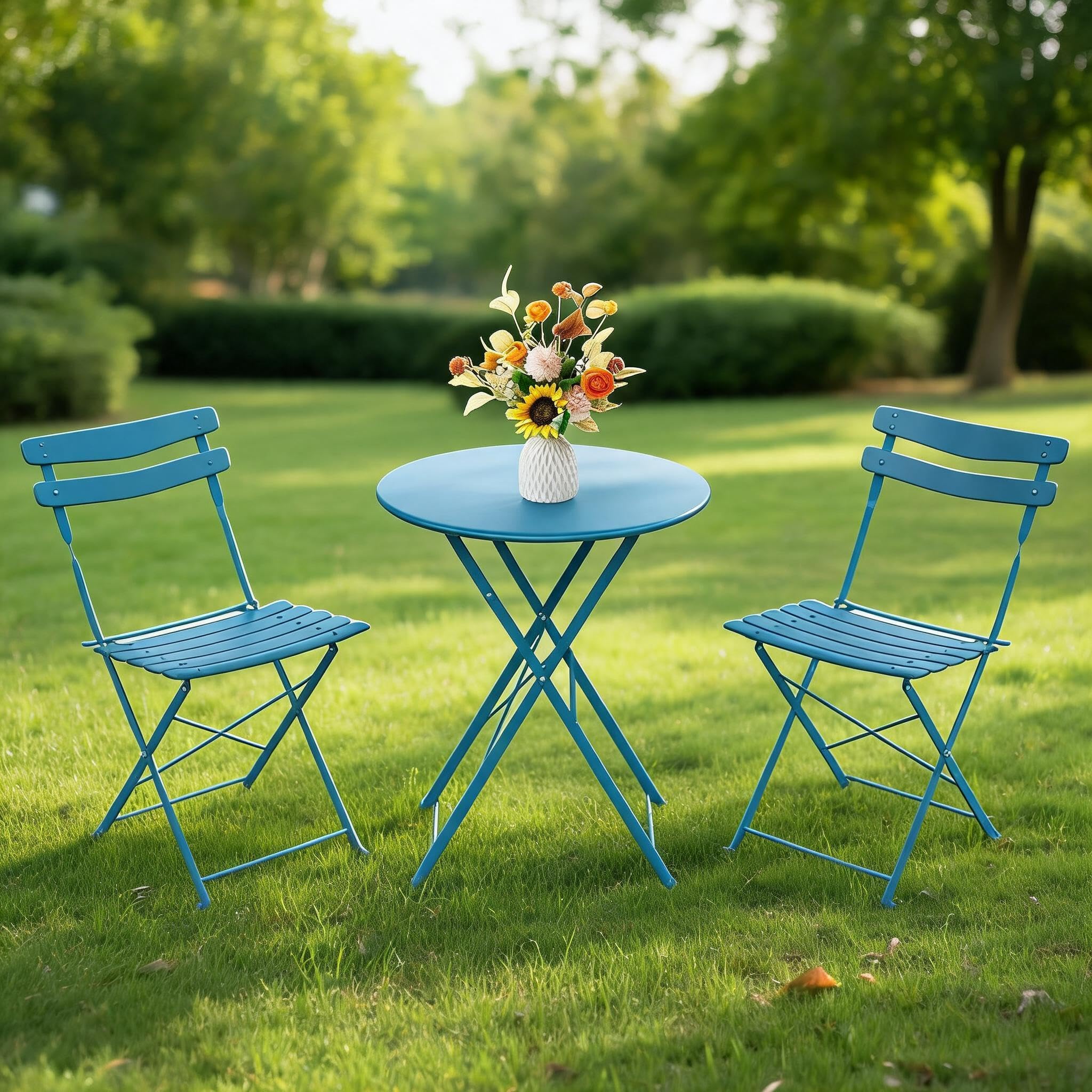 GarveeMore 3-Piece Metal Garden Bistro Set, Folding Patio Table & Chairs for Balcony, New Peacock Blue