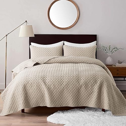 Miniatura 1 de B2EVER Juego de ropa de cama de tamaño King beige con fundas de almohada, colcha ligera y suave, manta acolchada fina para todas las estaciones,